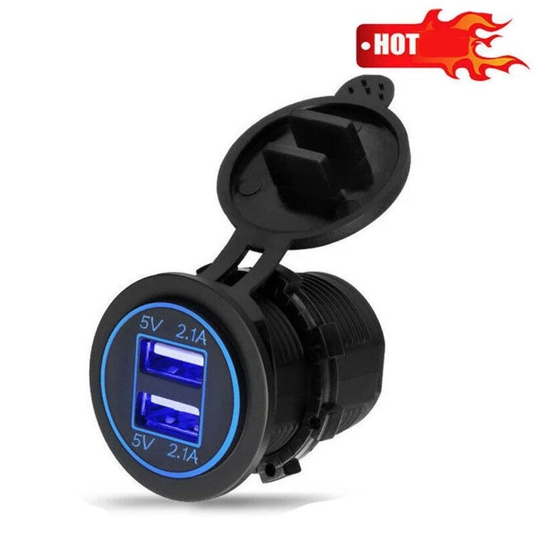 Bluejw 12V/24V Car Cigarette Lighter Socket with Dual 2.1A USB Charger, LED Power Outlet Adapter for Automobile, Boat, Marine, RV, Bus - Image 1